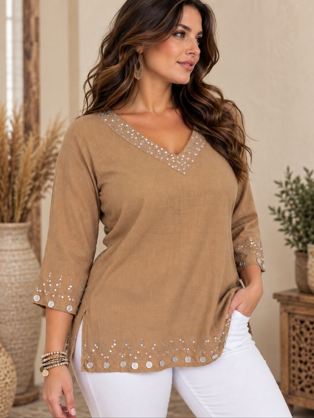 Richard Malcolm Women's Embellished beaded Tan Linen Fall Summer Tunic Top 1X